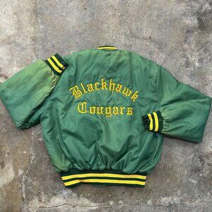 Vintage Blackhawk Cougars Bomber Jacket Mens XL Satin Coat Embroidered Green